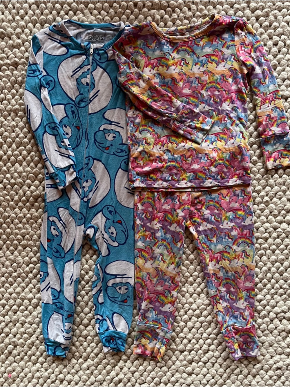 Posh Peanut x lisa frank unicorn pajamas and Smurf pajamas
